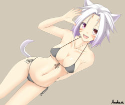 Rule 34 | 10s, 1girl, amakusa shio, animal ears, bare shoulders, bikini, blush, breasts, cat ears, cat tail, cleavage, fang, final fantasy, final fantasy xiv, looking at viewer, miqo&#039;te, navel, open mouth, purple eyes, salute, short hair, smile, solo, standing, swimsuit, tail, white hair