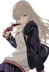Rule 34 | 1girl, absurdres, beige sweater, black jacket, black skirt, blazer, blonde hair, breasts, bum hico, dyna wing, floating hair, from side, green eyes, gridman universe, head tilt, highres, holding, holding toy, jacket, long hair, looking at viewer, medium breasts, minami yume, school uniform, skirt, smile, solo, ssss.dynazenon, toy, white background