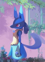 Rule 34 | closed mouth, commentary, creatures (company), day, from side, furry, game freak, gen 4 pokemon, highres, imoamaoimmoamim, leaf, lucario, nintendo, outdoors, pink eyes, pokemon, pokemon (creature), solo, spikes, standing, yellow fur