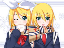 Rule 34 | 1boy, 1girl, bad id, bad pixiv id, baozi, blonde hair, brother and sister, eating, food, green eyes, kagamine len, kagamine rin, one eye closed, scarf, shared clothes, shared scarf, short hair, siblings, twins, vocaloid, wink, yakitori (oni)