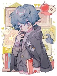 Rule 34 | 1boy, animalization, apple, arknights, bandaged hand, bandages, bandaid, bandaid on face, bird, black jacket, blazer, book, buttons, dark-skinned male, dark skin, faust (arknights), flower-shaped pupils, food, fruit, grey hair, grey jacket, grey shorts, hand up, head tilt, highres, holding, holding book, hood, hooded jacket, id card, jacket, light frown, looking at viewer, male focus, mephisto (arknights), open clothes, open jacket, pixelated, plant, pointy ears, potted plant, saucer (saucer752), school uniform, shelf, shorts, simple background, snake, solo, symbol-shaped pupils, white background