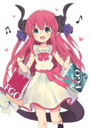 Rule 34 | 10s, 1girl, bad id, bad pixiv id, bag, bare arms, bare shoulders, beamed semiquavers, blue eyes, bow, claws, collarbone, commentary request, copyright name, dragon horns, dress, elizabeth bathory (fate), elizabeth bathory (fate/extra ccc), fang, fate/extra, fate/extra ccc, fate/grand order, fate (series), hair ribbon, heart, highres, holding, holding bag, horns, kirarin369, leg up, long hair, looking at viewer, musical note, open mouth, pink bow, pink hair, pointy ears, quaver, ribbon, shoes, shopping bag, simple background, sleeveless, sleeveless dress, solo, tail, tail bow, tail ornament, tattoo, waist bow, white background, white bow, white dress