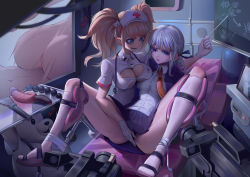 Rule 34 | 2girls, absurdres, anal beads, animal hair ornament, anus, arrow (symbol), ass, bear hair ornament, bed, blonde hair, blue eyes, blunt bangs, bound, bound legs, braid, breast press, breasts, cat o&#039; nine tails, chinese commentary, chinese text, cleavage, collared shirt, cross, danganronpa: trigger happy havoc, danganronpa (series), dildo, enoshima junko, gloves, h.an (516635864), hair ornament, hair ribbon, hat, heart, highres, holding, holding pointer, hospital, hospital bed, indoors, jacket, kirigiri kyoko, large breasts, light purple hair, long hair, looking at another, mars symbol, miniskirt, monokuma, multiple girls, naegi makoto, necktie, nurse cap, open clothes, open jacket, open mouth, orange necktie, pleated skirt, pointer, purple eyes, purple jacket, purple ribbon, purple skirt, red cross, restrained, ribbon, sandals, sex, sex toy, shirt, short sleeves, skirt, smile, sweat, symmetrical docking, television, tray, twintails, underboob, vaginal, venus symbol, wedge heels, whip, white gloves, white headwear, white shirt, yuri, zipper, zipper pull tab
