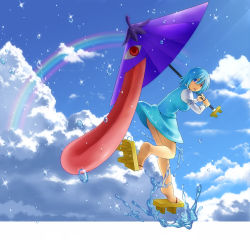 Rule 34 | &gt;:p, 1girl, :p, bad id, bad nicoseiga id, blue eyes, blue hair, blue skirt, blue vest, cloud, cloudy sky, day, from side, full body, geta, heterochromia, highres, juliet sleeves, karakasa obake, long sleeves, looking at viewer, looking to the side, matching hair/eyes, outdoors, puffy sleeves, ragi (schrdngr), rainbow, red eyes, short hair, skirt, skirt set, sky, solo, sunlight, tatara kogasa, tongue, tongue out, touhou, umbrella, v-shaped eyebrows, vest, water, water drop