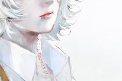 Rule 34 | akidandroid, colored skin, highres, lips, male focus, nose, red lips, seams, shirt, short hair, solo, suzuya juuzou, thread, tokyo ghoul, white background, white hair, white shirt, white skin