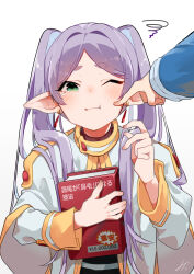 Rule 34 | 1boy, 1girl, absurdres, blush, book, capelet, cheek poking, commentary request, dangle earrings, drop earrings, earrings, elf, frieren, green eyes, grey hair, highres, himmel (sousou no frieren), holding, holding book, jewelry, mei-0, one eye closed, pointy ears, poking, shirt, solo focus, sousou no frieren, squiggle, striped clothes, striped shirt, tearing up, twintails, white capelet