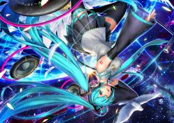 Rule 34 | 1girl, aqua eyes, aqua hair, bad id, bad pixiv id, bird, detached sleeves, feathers, hatsune miku, headphones, highres, long hair, microphone, momosuke, necktie, one eye closed, open mouth, outstretched arm, skirt, solo, tattoo, thighhighs, twintails, upside-down, very long hair, vocaloid
