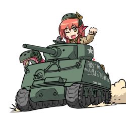 Rule 34 | 1girl, ;d, caterpillar tracks, chibi, commission, crossover, fang, hair between eyes, hair ornament, hairclip, happy, helmet, highres, imperiumdraws, lamia, looking at viewer, miia (monster musume), military, military uniform, military vehicle, monster girl, monster musume no iru nichijou, motor vehicle, one eye closed, open mouth, pointy ears, red hair, scales, smile, smoke, solo, tail, tank, third-party source, transparent background, uniform, war thunder, yellow eyes