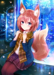Rule 34 | 1girl, absurdres, animal ears, aquarium, blue eyes, blue jacket, blush, brown scarf, chromatic aberration, closed mouth, collared shirt, dress shirt, eyebrows, fox ears, fox tail, frown, hair between eyes, highres, indoors, jacket, jellyfish, legs together, lens flare, light particles, looking at viewer, open clothes, open jacket, original, pantyhose, pleated skirt, purple pantyhose, purple skirt, red hair, reflection, scarf, shirt, short hair, sitting, skirt, solo, striped clothes, striped scarf, sukemyon, tail, turtle, w arms, white shirt