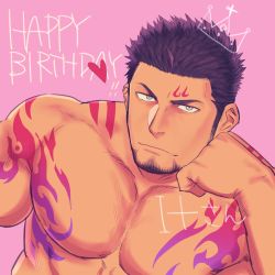 Rule 34 | 1boy, arm tattoo, bara, bare pectorals, black hair, chest tattoo, elbow rest, facial hair, facial tattoo, green eyes, gyee, happy birthday, large pectorals, looking at viewer, male focus, muscular, nipples, pectorals, priapus, priapus a. tarou, red pupils, short hair, solo, spiked hair, tattoo, upper body, yakisoba ohmori