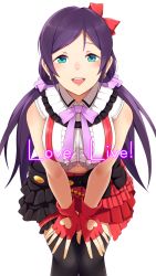 Rule 34 | 1girl, :d, black thighhighs, bokura wa ima no naka de, bow, clothing cutout, copyright name, dress, earrings, fingerless gloves, gloves, green eyes, hair bow, hair ornament, hands on own knees, heart cutout, highres, jewelry, leaning forward, long hair, looking at viewer, love live!, multicolored clothes, multicolored skirt, navel, open mouth, purple hair, red bow, red gloves, shirt, skirt, sleeveless, sleeveless dress, smile, solo, standing, thighhighs, tojo nozomi, transparent background, tsuchifumazu, twintails, very long hair, white shirt, zettai ryouiki