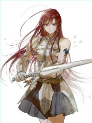 Rule 34 | 1girl, a mongs2, armor, armored dress, belt, belt buckle, blue dress, breastplate, brown belt, buckle, dress, earrings, erza scarlet, fairy tail, fairy tail logo, floating hair, gauntlets, hashtag-only commentary, highres, jewelry, long hair, looking at viewer, pauldrons, plackart, red eyes, red hair, shoulder armor, shoulder tattoo, simple background, single bare shoulder, single gauntlet, single pauldron, solo, swept bangs, sword, tattoo, very long hair, weapon, white background