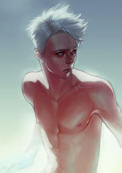 Rule 34 | 1boy, abs, amoona, artist name, bad id, bad pixiv id, blue eyes, highres, male focus, original, topless male, solo, upper body, white hair