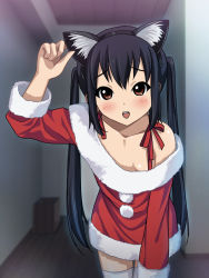Rule 34 | 1girl, animal ears, bare shoulders, black hair, blush, breasts, brown eyes, cat ears, christmas, cleavage, downblouse, hairband, k-on!, long hair, nakano azusa, open mouth, round teeth, ryunnu, santa costume, small breasts, solo, standing, teeth, thighhighs, twintails, white thighhighs