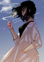 Rule 34 | 1girl, black hair, black shirt, breasts, camisole, cigarette, coat, commentary request, english text, from side, hand in pocket, holding, holding cigarette, lab coat, medium breasts, night, night sky, open clothes, open coat, original, painttool sai (medium), shirt, short hair, signature, sky, smoke, solo, standing, sugano manami, white coat
