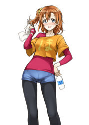 Rule 34 | 10s, 1girl, black pantyhose, blue eyes, blush, bottle, brown hair, casual, clothes writing, hand on own hip, kosaka honoka, love live!, love live! school idol festival, love live! school idol project, off shoulder, pantyhose, pas (paxiti), scrunchie, short hair, short shorts, shorts, side ponytail, smile, solo, standing, sweat, towel, water bottle, wristband