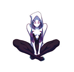 Rule 34 | 1girl, bodysuit, full body, gwen stacy, hood, indian style, liyart, looking at viewer, marvel, mask, simple background, sitting, solo, spandex, spider-gwen, spider-man (series), v arms, white background