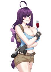 1girl ahoge alcohol belt black_gloves blue_tank_top blush bow braid breasts brown_bag brown_belt brown_shorts cleavage collarbone commentary commission cosplay cup earrings enaria_liliales english_commentary fingerless_gloves gloves grin gun hair_bow highres holding holding_cup holding_gun holding_weapon huge_breasts jewelry lara_croft lara_croft_(cosplay) mole mole_under_eye navel nexas_(vtuber) puffywaffles purple_bow purple_eyes purple_hair shorts simple_background smile solo stomach tank_top teeth tomb_raider virtual_youtuber weapon white_background wine