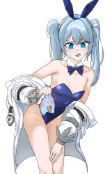 Rule 34 | 1girl, :d, absurdres, arahashi tabi, bare shoulders, blue eyes, blue hair, blush, bow, bowtie, commentary request, detached collar, drooling, ffang tb, highres, jacket, korean commentary, leotard, long hair, off shoulder, open mouth, playboy bunny, simple background, smile, solo, stellive, sweatdrop, twintails, white background