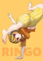 Rule 34 | 1girl, animal ears, balancing, barefoot, blonde hair, breasts, character name, commentary, covered erect nipples, floppy ears, full body, handstand, highres, impossible hair, itatatata, medium breasts, midriff, navel, one arm handstand, orange background, orange shirt, plump, rabbit ears, red eyes, ringo (touhou), shirt, short hair, short sleeves, shorts, simple background, soles, solo, striped clothes, striped shorts, toes, touhou, yellow shorts