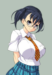 Rule 34 | 1girl, arms behind back, black hair, blue eyes, breasts, glasses, huge breasts, large breasts, necktie, nekomamire, school uniform, short twintails, smile, solo, twintails