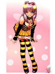Rule 34 | 1girl, arthropod girl, bee, bee girl, bent over, blush, breasts, bug, cleavage, elbow gloves, fingerless gloves, gloves, heart, insect, insect girl, large breasts, leaning forward, miniskirt, monster girl, naughty face, one eye closed, panties, panty pull, pink eyes, pink hair, shoes, skirt, smile, solo, striped clothes, striped thighhighs, teruchan, thighhighs, tongue, underwear, wings, wink, zettai ryouiki