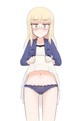 Rule 34 | 1girl, blonde hair, blush, closed mouth, clothes lift, female focus, glasses, highres, lifted by self, long hair, looking at viewer, navel, panties, perrine h. clostermann, purple panties, simple background, skirt, skirt lift, solo, standing, strike witches, underwear, white background, world witches series, yellow eyes