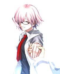 Rule 34 | 1girl, black-framed eyewear, black shirt, chietori, closed eyes, fate/grand order, fate (series), glasses, grin, hair over one eye, holding hands, hood, hood down, hooded jacket, jacket, mash kyrielight, necktie, open clothes, open jacket, pink hair, red neckwear, shirt, short hair, smile
