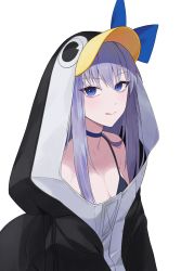 Rule 34 | 1girl, animal hood, bad id, bad pixiv id, bare shoulders, bikini, bikini under clothes, black bikini, blue choker, blue eyes, breasts, choker, closed mouth, collarbone, commentary, fate/grand order, fate (series), highres, hood, hooded jacket, jacket, licking lips, looking at viewer, meltryllis, meltryllis (fate), meltryllis (swimsuit lancer) (fate), meltryllis (swimsuit lancer) (first ascension) (fate), purple hair, qb 516, sidelocks, simple background, small breasts, smile, solo, swimsuit, tongue, tongue out, white background