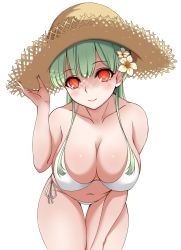Rule 34 | 1girl, bikini, blush, breasts, cleavage, closed mouth, collarbone, cowboy shot, female focus, flower, green hair, hair flower, hair ornament, hair over breasts, hat, highres, large breasts, leaning forward, long hair, looking at viewer, navel, orange eyes, original, red eyes, side-tie bikini bottom, simple background, smile, solo, standing, straw hat, summer, swimsuit, tako suzume, thigh gap, thighs, white background, white bikini, white flower