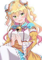 Rule 34 | 1girl, bell, blonde hair, blush, breasts, bun cover, commentary, cowboy shot, crying, crying with eyes open, detached sleeves, double bun, dress, embarrassed, flower, gradient hair, green eyes, hair between eyes, hair bun, hair flower, hair ornament, highres, hololive, kooh ku, long hair, looking at viewer, medium breasts, momosuzu nene, multicolored hair, open mouth, own hands together, pantyhose, pink hair, simple background, solo, tareme, tears, two-tone hair, two side up, virtual youtuber, wavy mouth, white background, white dress, white pantyhose