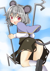 Rule 34 | &gt;:o, 1girl, :o, animal ears, ass, blush, capelet, cloud, cloudy sky, dowsing rod, dress, flying, from behind, grey hair, keyaki chimaki, loafers, long sleeves, looking at viewer, looking back, mouse ears, mouse tail, nazrin, no panties, red eyes, shoes, short hair, sky, socks, solo, tail, teeth, thighs, touhou, v-shaped eyebrows