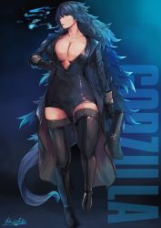 Rule 34 | 1girl, absurdly long hair, black bodysuit, black coat, black footwear, black gloves, blue hair, bodysuit, boots, breasts, character name, cleavage, coat, collarbone, gloves, godzilla, godzilla: king of the monsters, godzilla (monsterverse), godzilla (series), highres, hiroki ree, holding, holding megaphone, kaijuu, large breasts, legendary pictures, long hair, long sleeves, looking away, megaphone, messy hair, monarch (monsterverse), monsterverse, open clothes, open coat, partial bodysuit, personification, sharp teeth, sidelocks, signature, smoking, tail, teeth, thigh boots, thighhighs, toho, very long hair, yellow eyes