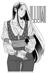 Rule 34 | 1girl, between fingers, breasts, character name, closed mouth, collared shirt, cropped legs, genderswap, genderswap (mtf), greyscale, hair behind ear, highres, holding, holding nail, holding weapon, hunter x hunter, hxhjjjj h 9, illumi zoldyck, jewelry, korean commentary, large breasts, long hair, long sleeves, looking to the side, monochrome, nail, necklace, pants, parted bangs, pendant, shirt, simple background, solo, very long hair, vest, weapon