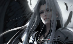 Rule 34 | 1boy, artist name, blurry, blurry background, close-up, closed mouth, cloud, cloudy sky, depth of field, feathers, final fantasy, final fantasy vii, grey hair, grey sky, high collar, highres, long hair, looking away, looking down, male focus, patreon username, pink lips, sephiroth, sky, solo, wlop