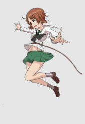 Rule 34 | 1girl, black neckerchief, brown eyes, brown footwear, brown hair, commentary, girls und panzer, green skirt, grey socks, jumping, legs up, long sleeves, looking to the side, mal (malmlamal), midriff peek, miniskirt, navel, neckerchief, nishizumi miho, ooarai school uniform, open mouth, outstretched arms, pleated skirt, rope, sailor collar, school uniform, shirt, shoes, short hair, simple background, skirt, socks, solo, spread arms, white sailor collar, white shirt
