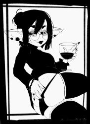 Rule 34 | alcohol, ass freckles, bead bracelet, beads, black nails, black panties, blush, body freckles, bracelet, cup, drinking glass, ear piercing, earrings, fangs, fangs out, female goblin, fingernails, freckles, freckles on ass, gigawix, glasses, goblin, greyscale, hair bun, highres, jewelry, lips, long fingernails, long sleeves, looking at viewer, looking back, monochrome, monster girl, multiple piercings, nail polish, original, panties, panty pull, piercing, presenting, pulling own clothes, ring, sharp fingernails, simple background, single hair bun, thick eyebrows, thick thighs, thighhighs, thighs, turtleneck, underwear, white background, wine, wine glass