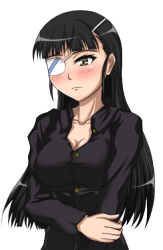 Rule 34 | 00s, 1girl, black hair, blunt bangs, blush, breasts, casual, cleavage, collarbone, eyepatch, female focus, hair down, large breasts, long hair, monizumi ishikawa, sakamoto mio, simple background, solo, strike witches, white background, world witches series, yellow eyes