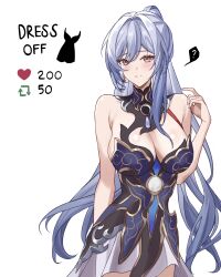 Rule 34 | 1girl, bare arms, bare shoulders, blue dress, blue hair, blush, breasts, chinoa, cleavage, commentary, cowboy shot, dress, highres, honkai: star rail, honkai (series), jingliu (honkai: star rail), large breasts, long hair, looking at viewer, meme, pink eyes, ponytail, sleeveless, sleeveless dress, smile, solo, standing, twitter strip game (meme), very long hair