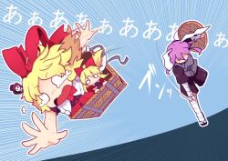 Rule 34 | 3girls, :d, ajirogasa, alternate costume, animal ears, arm wrap, black shirt, blonde hair, bow, box, doll, fairy wings, hair bow, hair ribbon, hat, in box, in container, japanese clothes, kanisawa yuuki, kimono, long hair, medicine melancholy, multiple girls, no mouth, o o, open mouth, pill, poison, purple hair, rabbit ears, red bow, red ribbon, red skirt, reisen udongein inaba, ribbon, shirt, short hair, short sleeves, simple background, skirt, smile, su-san, tears, throwing, touhou, wings