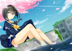 Rule 34 | 1girl, barefoot, between legs, black hair, blue skirt, blue sky, blush, bow, cardigan, cherry blossoms, closed mouth, cloud, cloudy sky, day, dutch angle, floating hair, from side, hair bow, hand between legs, kafuka, kavka, long hair, looking at viewer, low ponytail, open cardigan, open clothes, original, outdoors, overgrown, petals, school uniform, serafuku, side ponytail, sitting, skirt, sky, smile, soaking feet, solo, thighs, uniform, wind, wind lift, yellow bow