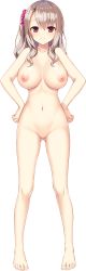 Rule 34 | 1girl, barefoot, bekotarou, boku no amayakase ikatsu, breasts, collarbone, feet, full body, gluteal fold, hands on own hips, highres, large breasts, light brown hair, long hair, looking at viewer, mikishima meika, navel, nipples, no pussy, non-web source, official art, one side up, red eyes, smile, solo, standing, toes, transparent background