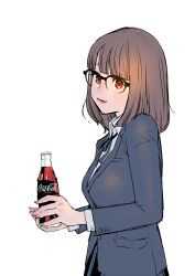 Rule 34 | 1girl, blazer, blunt bangs, bottle, breasts, brown hair, coca-cola, cola, collared shirt, commentary, drink, glasses, highres, holding, holding drink, jacket, looking at viewer, medium breasts, medium hair, orange eyes, original, peco (pockleberry), pleated skirt, ribbon, school uniform, shirt, skirt, solo, uniform, white background