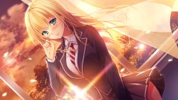 Rule 34 | 1girl, ayase hazuki, blonde hair, blush, breasts, chobipero, floating hair, game cg, green eyes, highres, indoors, large breasts, legs, long hair, looking at viewer, outdoors, parted lips, petals, school uniform, skirt, sky, smile, solo, standing, thighs, wind, window, zannen na ane to no love comedy