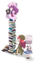 Rule 34 | &gt;:d, 3girls, :d, arm behind back, blush, book, book stack, book tower, bow, chibi, female focus, floating, hair bow, hat, hong meiling, izayoi sakuya, knife, long hair, maid, maid headdress, massala, multiple girls, open mouth, patchouli knowledge, purple hair, red hair, revision, silver hair, smile, striped, touhou, v-shaped eyebrows