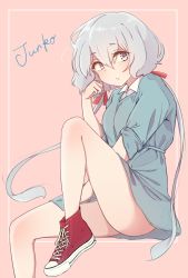 Rule 34 | 1girl, adjusting hair, blue dress, blue eyes, carrion1129, character name, converse, dress, hair ribbon, highres, konno junko, low twintails, red footwear, ribbon, shoes, sitting, sleeves rolled up, sneakers, solo, thighs, twintails, white hair, zombie land saga