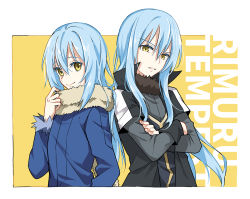Rule 34 | 2others, androgynous, black coat, blue coat, blue hair, character name, closed mouth, coat, crossed arms, hair between eyes, layered sleeves, long hair, long sleeves, looking at viewer, multiple others, open clothes, open coat, rimuru tempest, short over long sleeves, short sleeves, shoura, smile, straight hair, tensei shitara slime datta ken, very long hair, yellow eyes