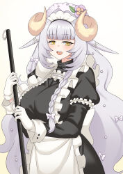 Rule 34 | 1girl, alternate costume, apron, beret, black dress, blush, bow, braid, center frills, commentary, dot nose, dress, english commentary, esila shephield, frills, gloves, gradient background, hair bow, hat, highres, holding, horns, long hair, long sleeves, looking at viewer, maid, maid apron, maid headdress, nexas (vtuber), open mouth, puffy long sleeves, puffy sleeves, puffywaffles, purple hair, sheep horns, sidelocks, sleeve cuffs, solo, teeth, tongue, upper teeth only, very long hair, virtual youtuber, white beret, white bow, white gloves, yellow eyes