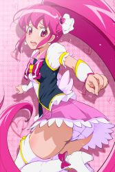 Rule 34 | 10s, 1girl, aino megumi, arm warmers, ass, boots, bow, brooch, cure lovely, earrings, eyelashes, hair ornament, happinesscharge precure!, heart, heart brooch, high heels, jewelry, long hair, looking at viewer, magical girl, open mouth, panties, pantyshot, pink background, pink bow, pink eyes, pink hair, pink panties, pink theme, ponytail, precure, puffy sleeves, ribbon, shirt, skirt, solo, thigh boots, thighhighs, tj-type1, underwear, upskirt, white thighhighs, wide ponytail, wrist cuffs