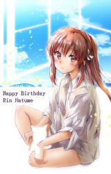 Rule 34 | 1girl, absurdres, brown eyes, brown hair, ca2la, cat, character name, dress shirt, happy birthday, highres, light smile, little busters!, long hair, natsume rin, ponytail, shirt, smile, solo